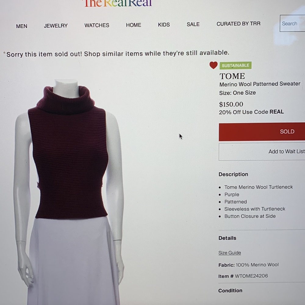 Tome 100% Merino Wool turtleneck shell layering piece side closure - one size